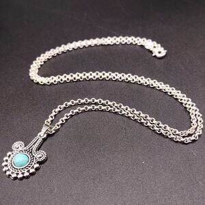 925 Silver Necklace W/ Turquoise Teardrop Floral Vine Boho Pattern Woman's Gift